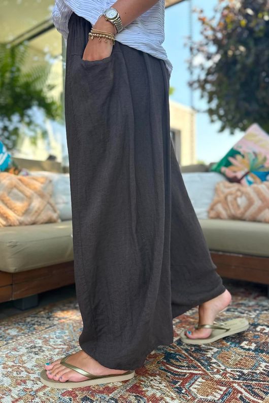 Sandbar Linen Blend Bloom Barrel Pant Chocolate